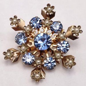 Vintage Gold and Blue Rhinestone Brooch
